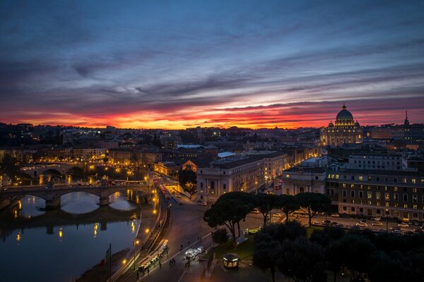 Beautiful bridges of Italy against the background of a colorful sunset