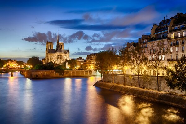 Notre Dame de Paris auf dem Wasser mit Lichtern vor dem Hintergrund des abendlichen bewölkten Himmels