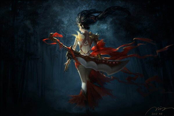 Warrior girl in red in the forest