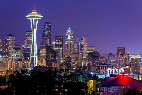 Lights of night skyscrapers in Seattle