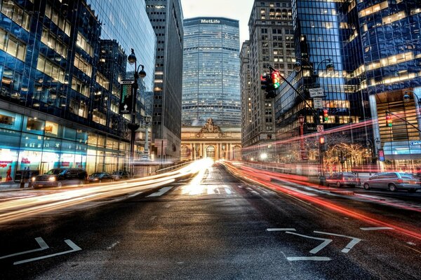 City streets and huge skyscrapers