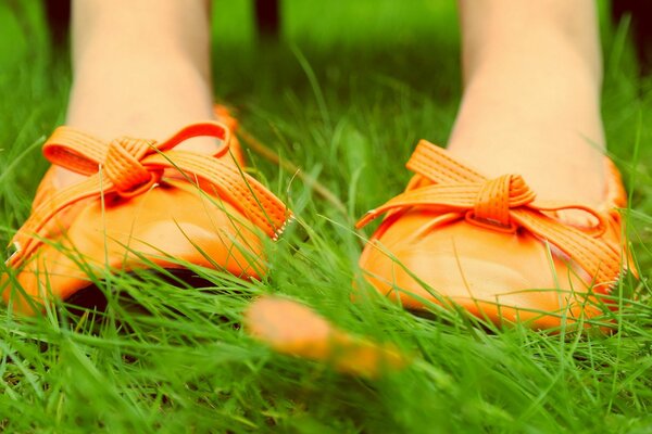 Pięknie wyglądają buty żółte na zielonej trawie