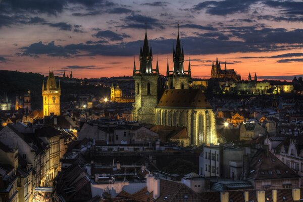 Altstadt Kirchtürme Abend Tschechische Republik Prag