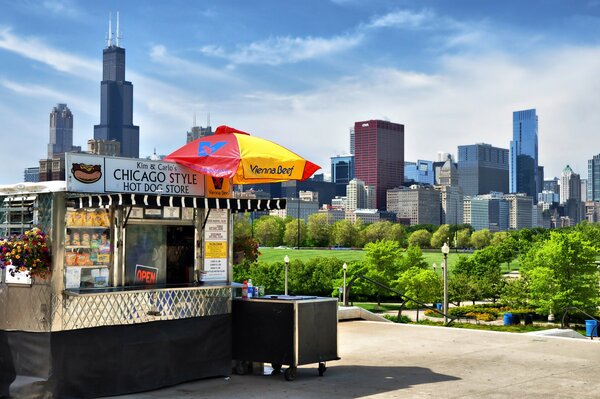 Bistro in the park against the backdrop of skyscrapers