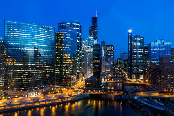 Lights of Chicago, illuminated bridge over the river