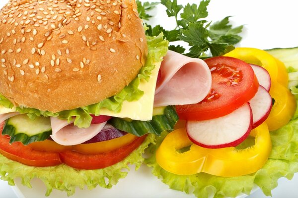 Hamburger aux poivrons, salade, fromage, jambon, persil, tomate, radis