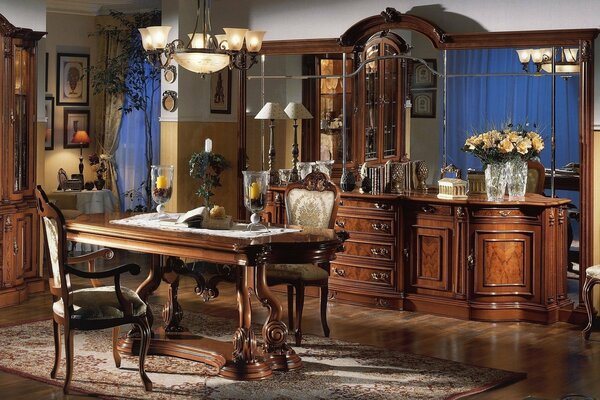 Antique interior in a wooden living room