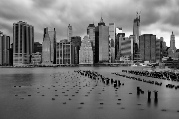 Megapolis high-rise buildings skyscrapers buildings, black and white photo