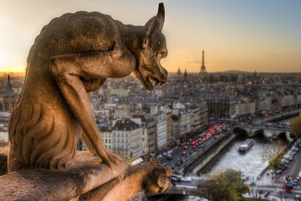 Chimären, die sich am Fuße der oberen Türme des Pariser Doms verstecken