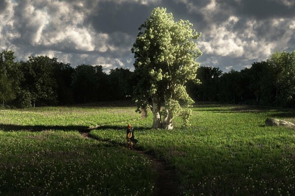 Fille sur le sentier près de l arbre