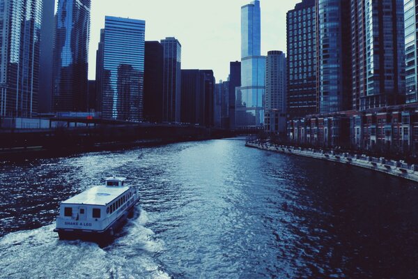 Fiume a Chicago lungo bellissimi grattacieli