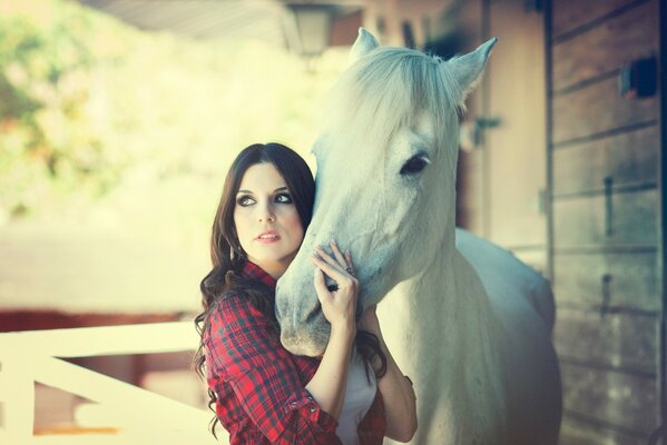 Chica sosteniendo el hocico de un caballo blanco