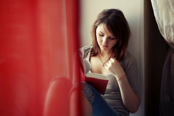 Девушка сидящая у окошка сосредоточенно читает книгу