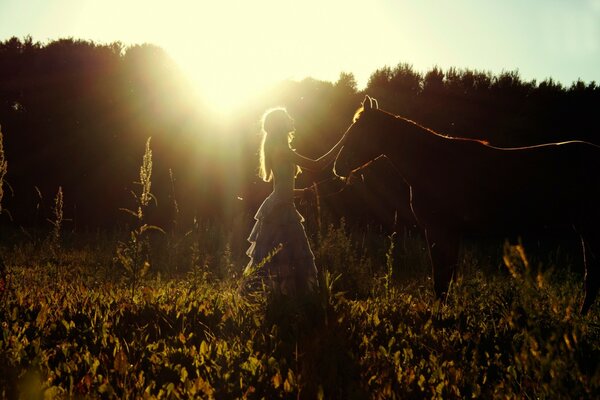 A girl s summer walk through the field with a horse