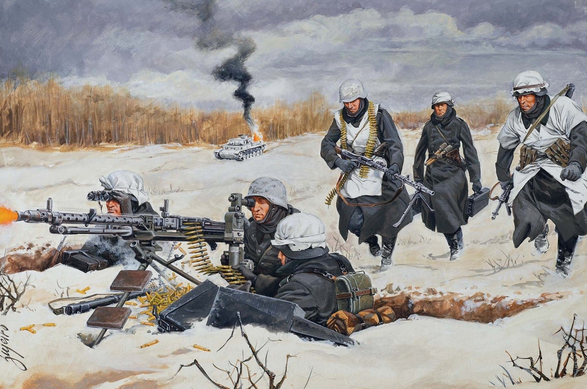 arte grande guerra patriottica serbatoio posizione soldati tedesco colpi mitragliatrici disegno neve mg-34 fuoco inverno