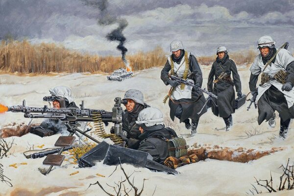 Картина где солдаты в снегу и на заднем фоне танк