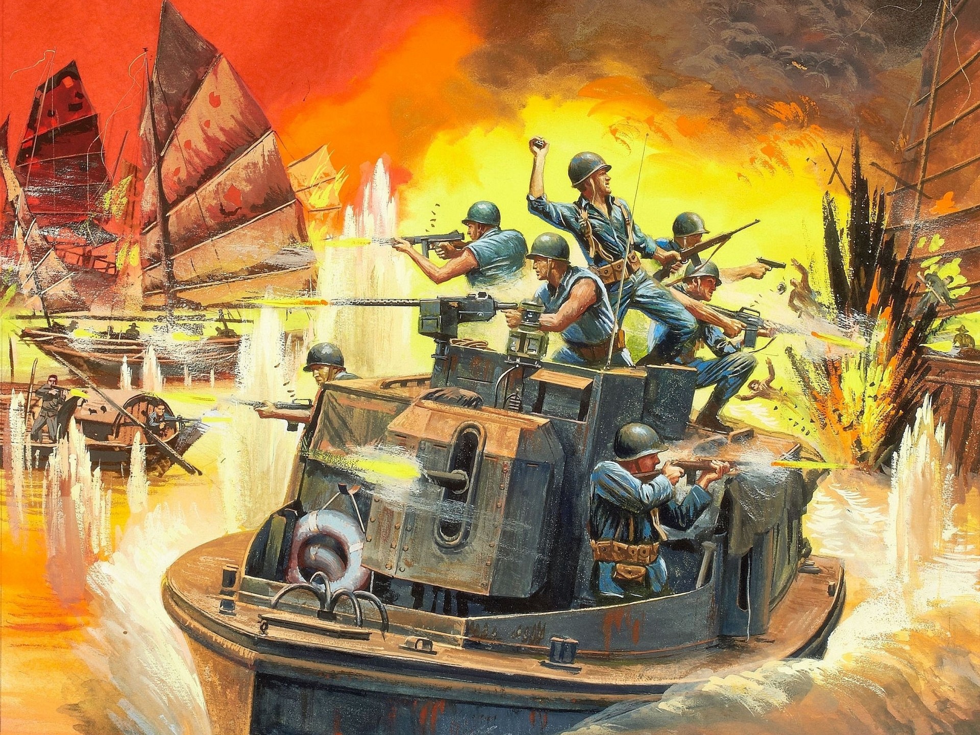 junks shootout art weapon explosions men picture fire vietnam mekong river armored boat