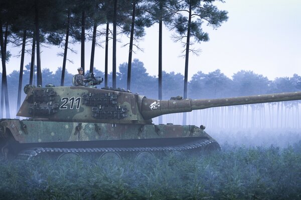 The tank is standing in a foggy forest