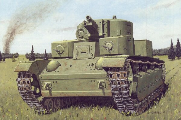 Soviet T-28 tank on the field