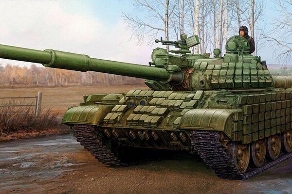 The Soviet T-62 tank is on the road