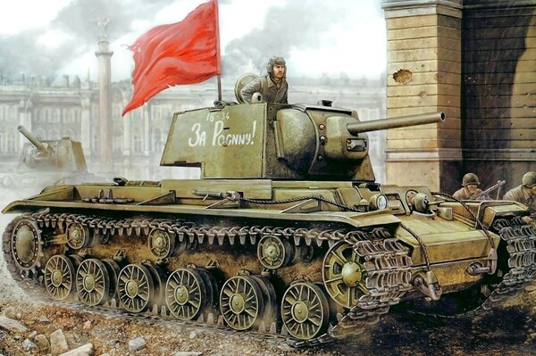 Tank with a red flag, For the Motherland!