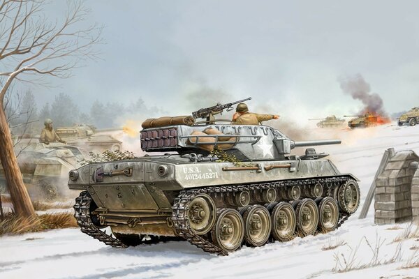 Zeichnung eines Panzers im Winter im Kampf