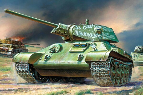 Radziecki czołg T-34-76 jedzie na wroga