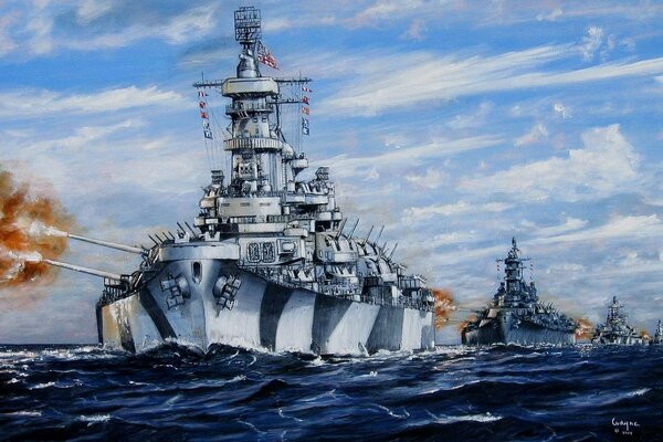 Pintura de buques de guerra en el mar