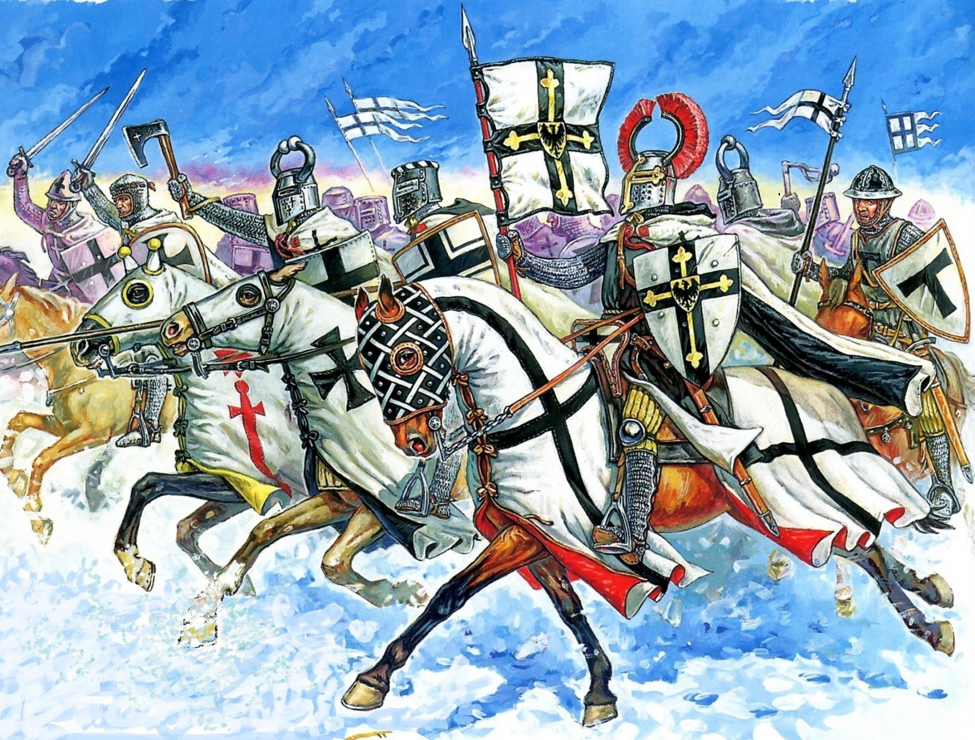 arte scudi gatti cavalieri a cavallo portabandiera guanti guanti passamontagna mantelli caschi ascia da battaglia stormtrooper spade disegno lance neve campo inverno calze