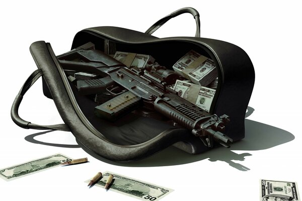 A bag of money with a machine gun on a white background