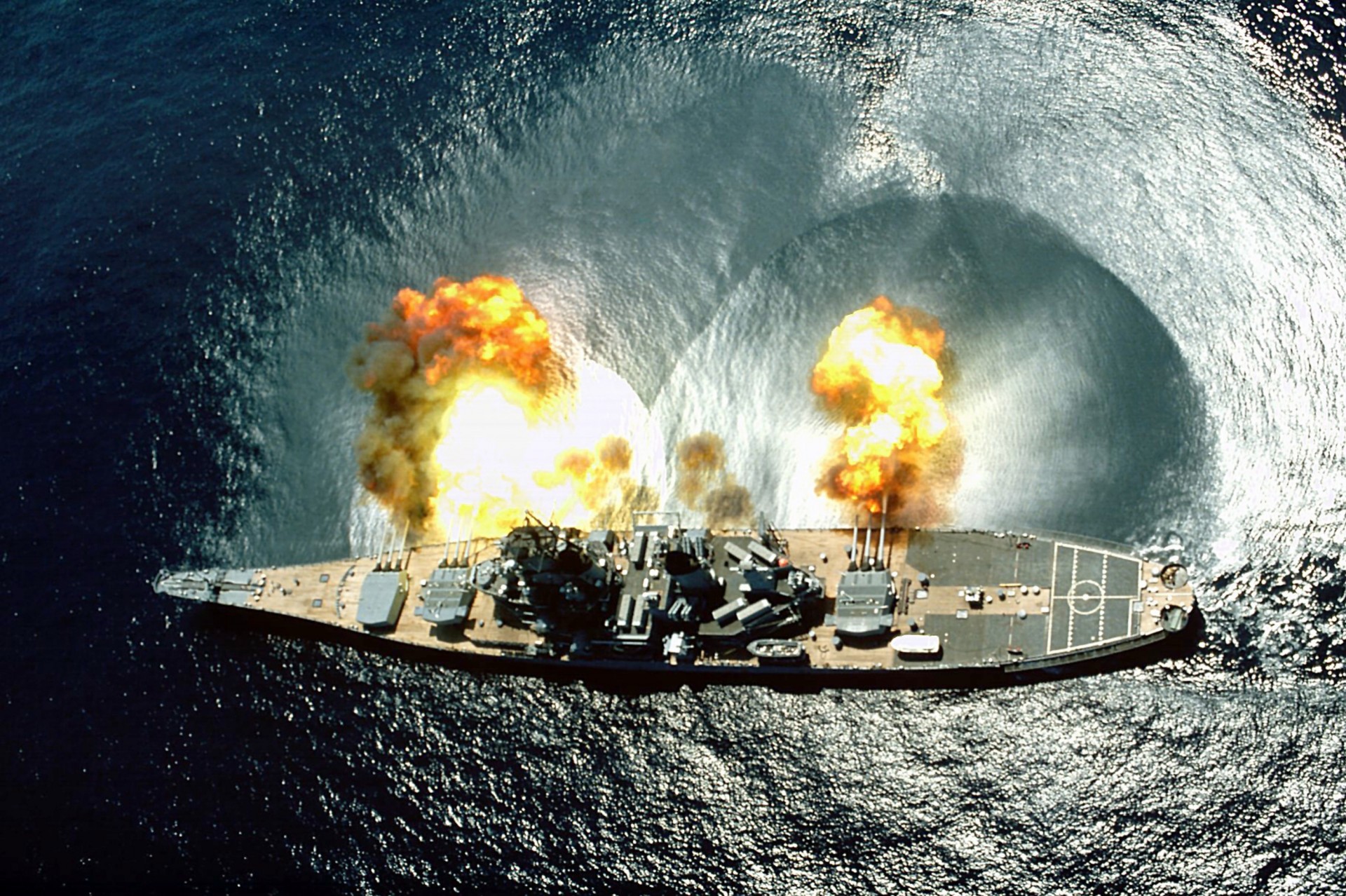 battleship blue sea water fire uss iowa