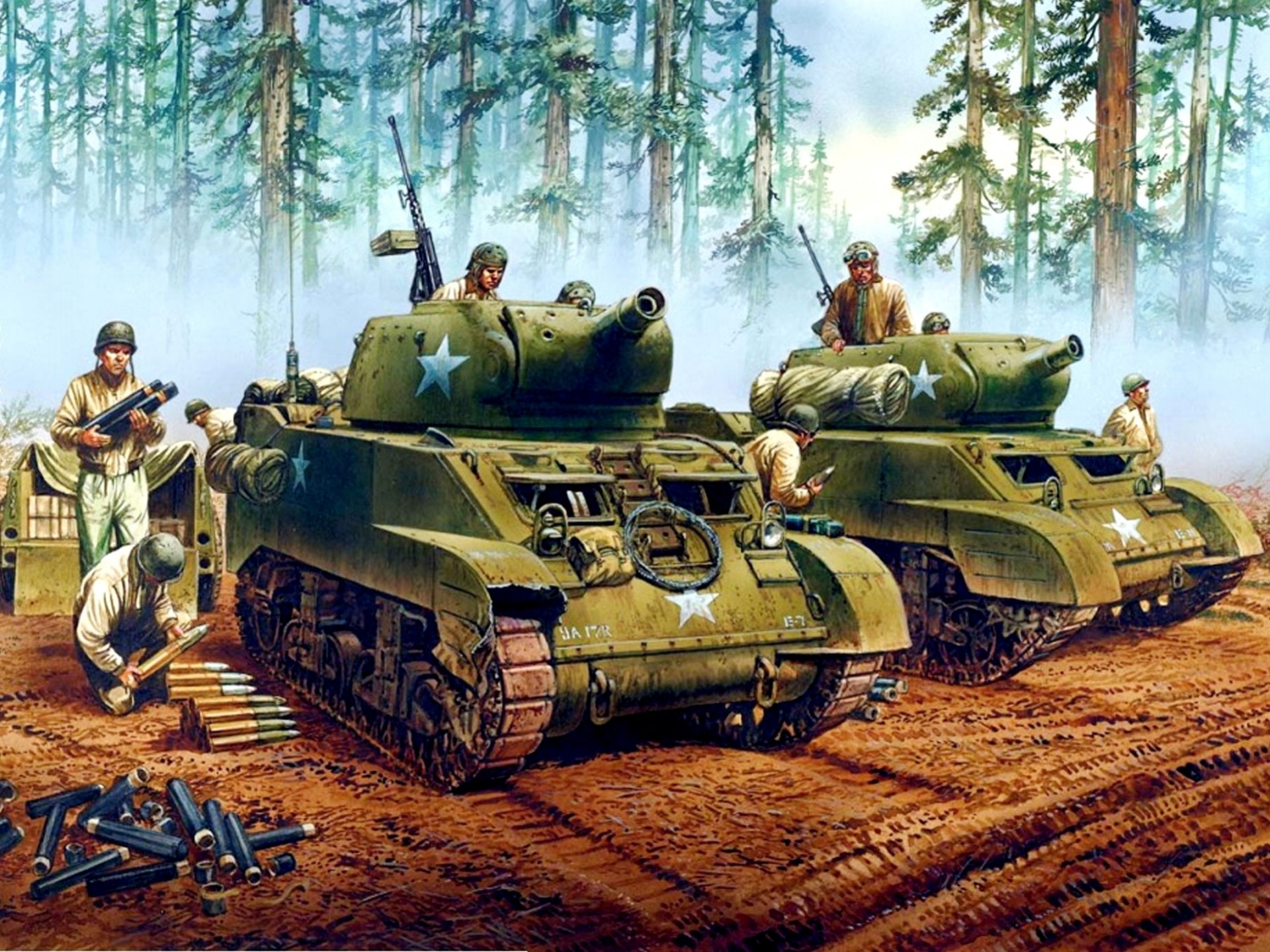 tankistes art réapprovisionnement soldats arbres entraînement forêt dessin états-unis installation d artillerie automotrice m8 avec obusier à canon court de 75 mm et mitrailleuses 12 7 mm acs ww2 au combat