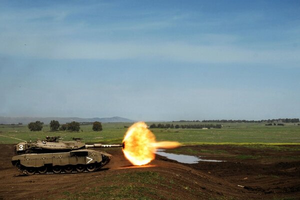 A tank fires a cannon