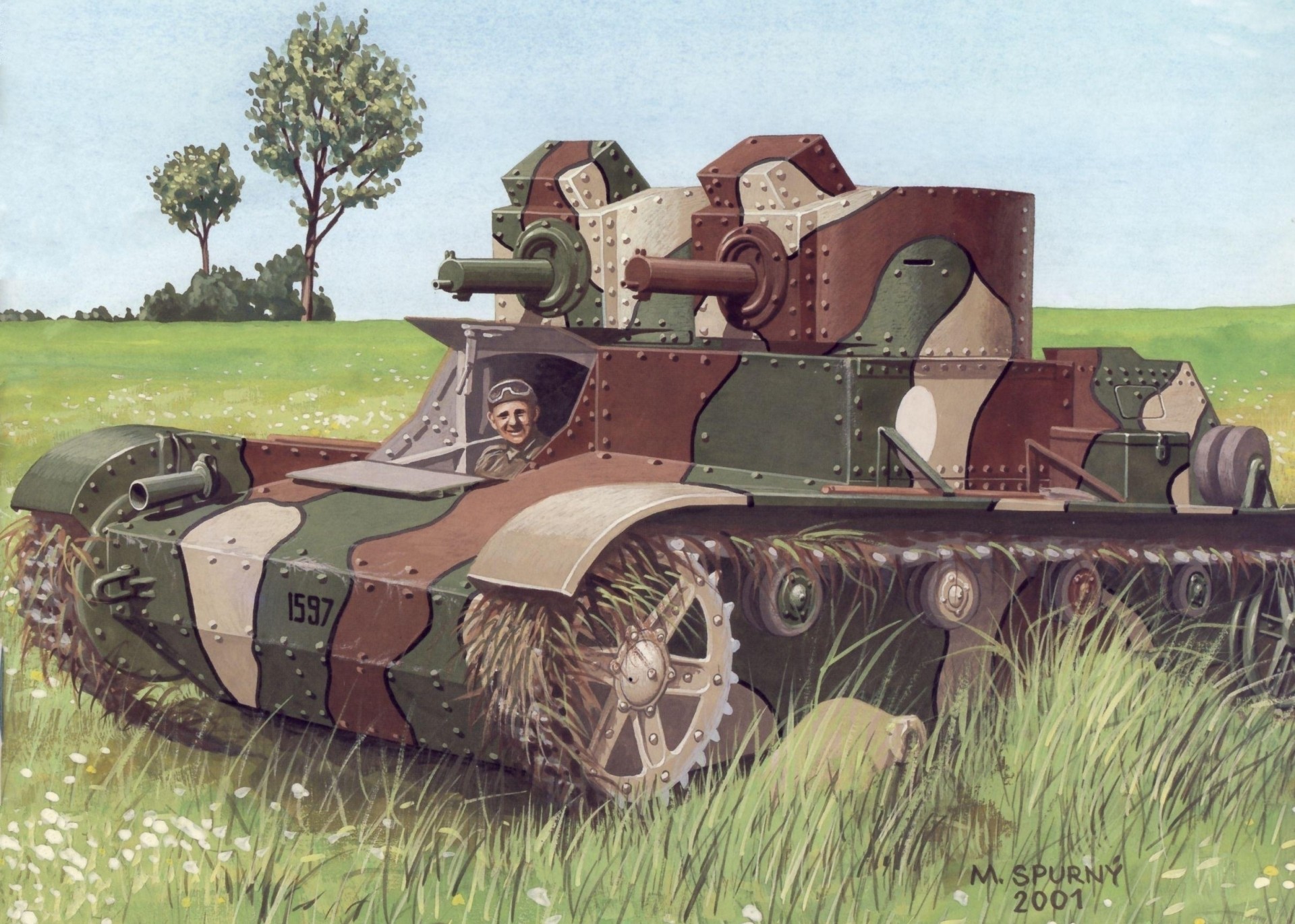 arte tanque hierba dibujo doble torreta ligero 7tp polonia campo 1930 dos ametralladoras de 92 mm conductor conductor mecánico ejercicios