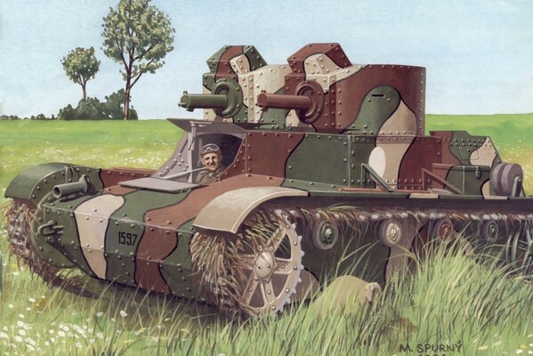 Drawing of a military tank with a tankman