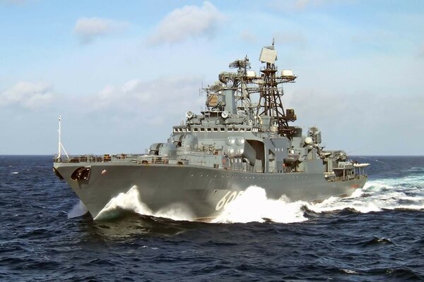 Military gray ship at sea