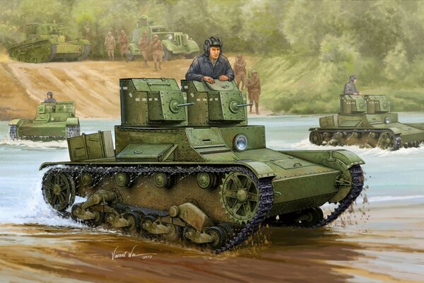 Panzer fahren an vorderster Front über den Fluss