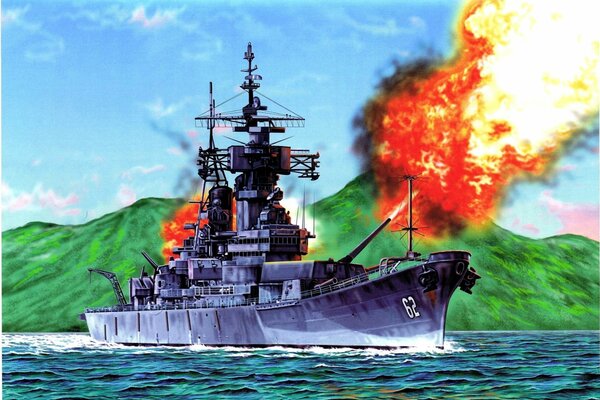 Drawing of a warship at war