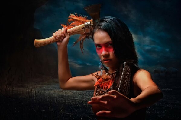 A girl in war paint with a tomahawk in her hand