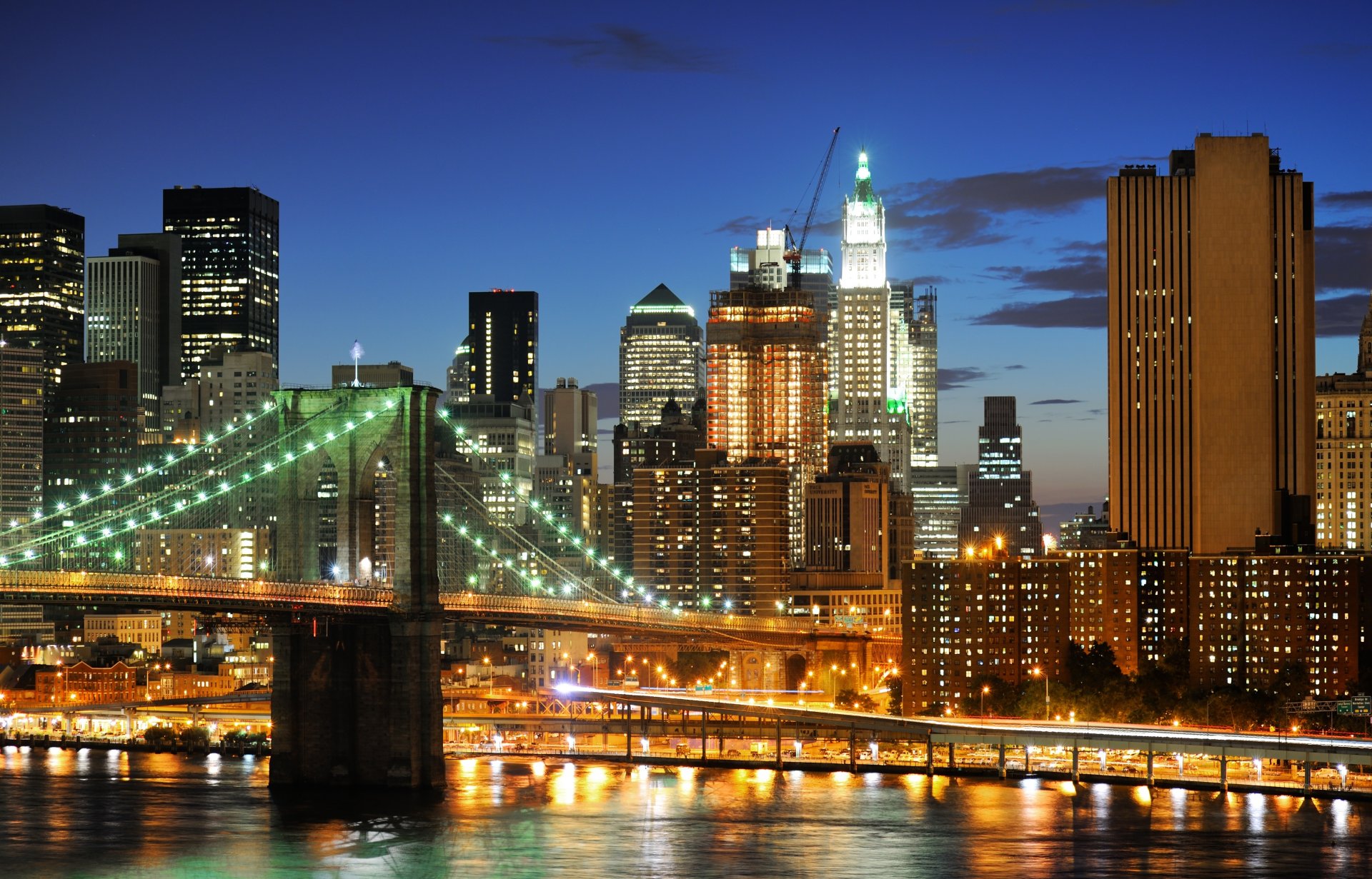 new york usa brooklyn bridge skyscrapers night light