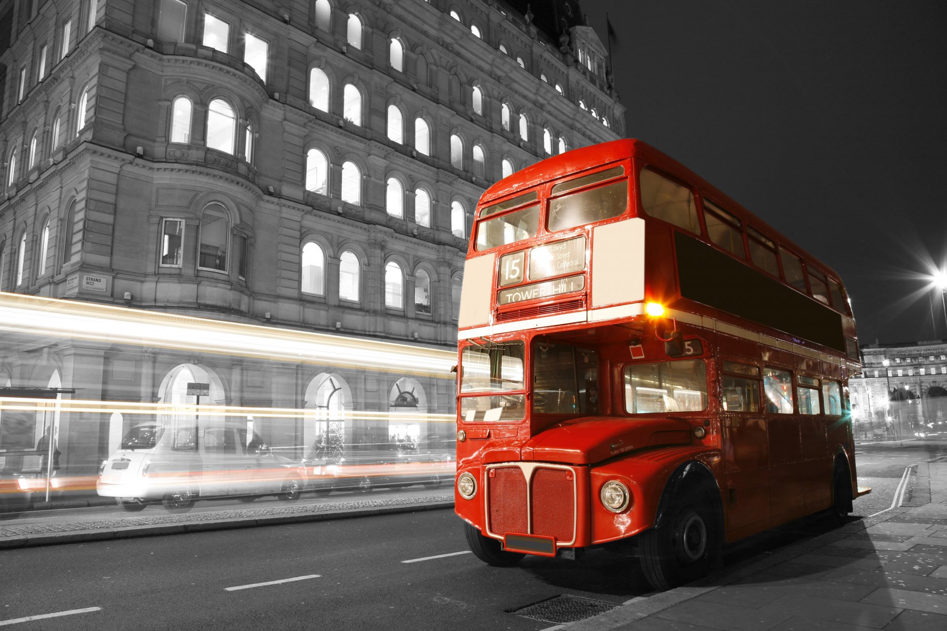 london england bus night lights spot street road black and white lights blur city