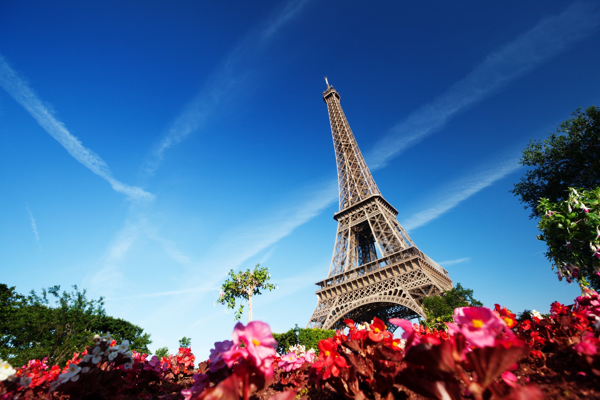 parís francia la tour eiffel torre eiffel flores árboles cielo