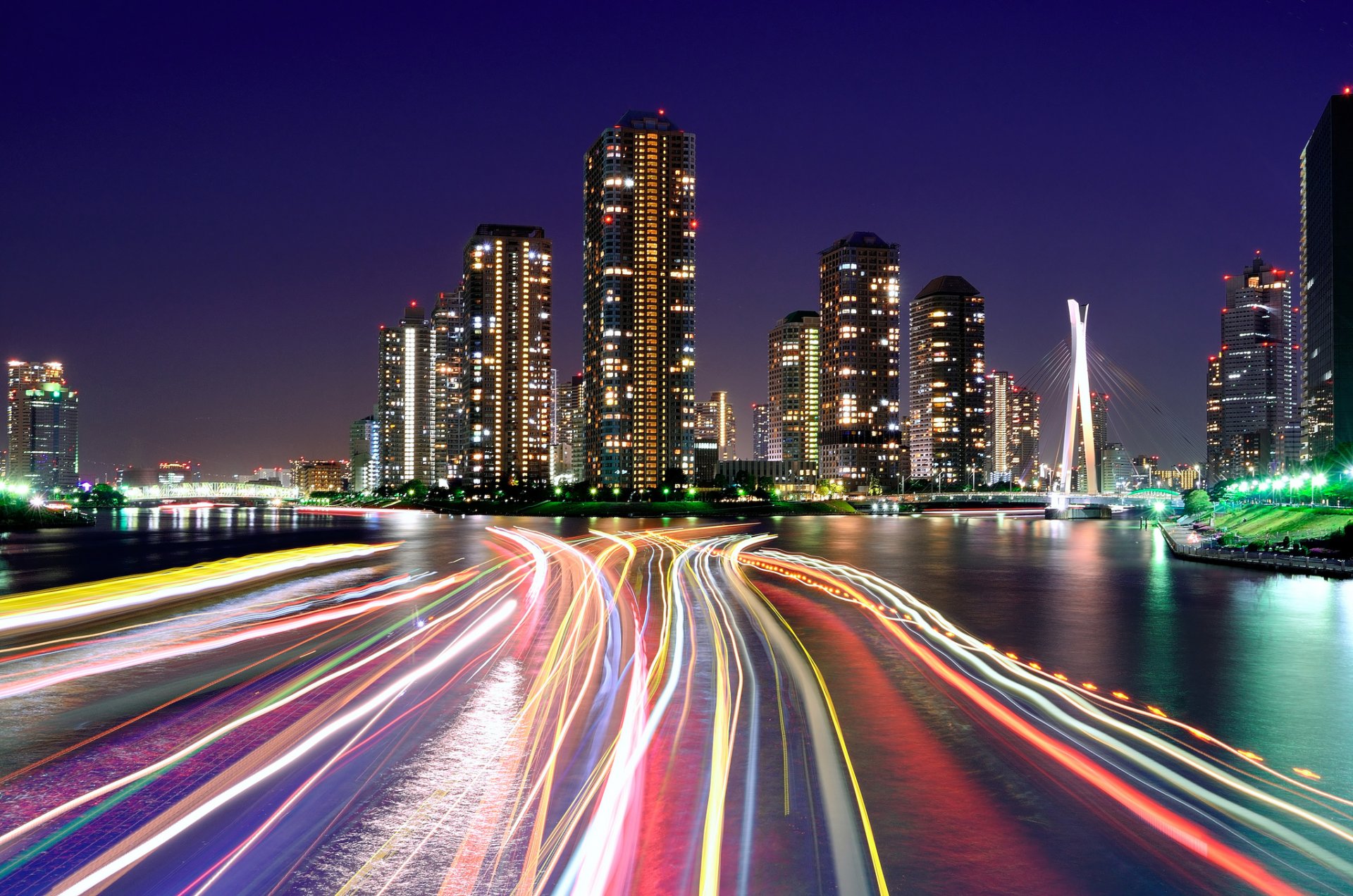 city tokyo japan night evening lights houses channels light exposure