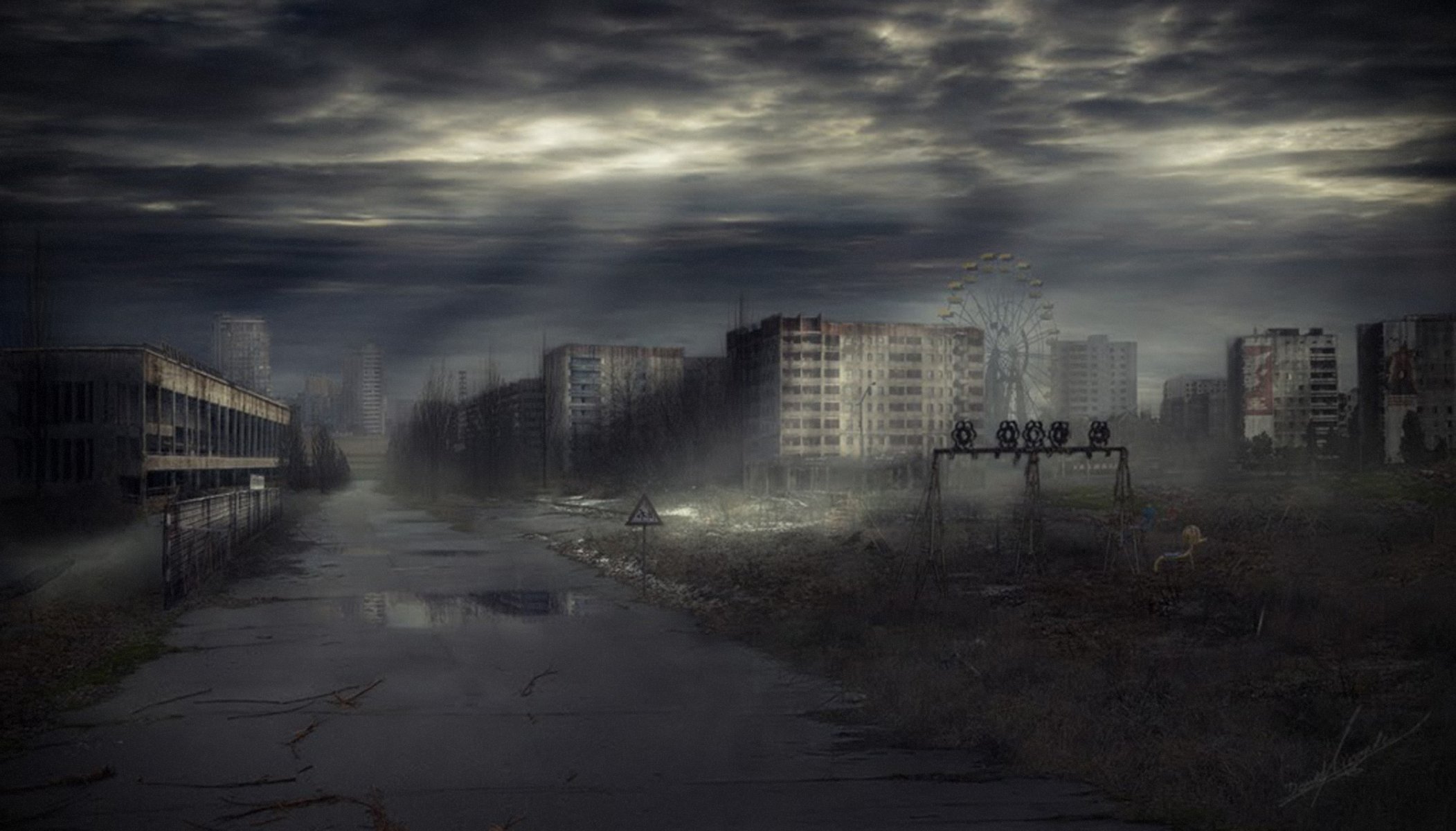 pripyat città notte strada ucraina