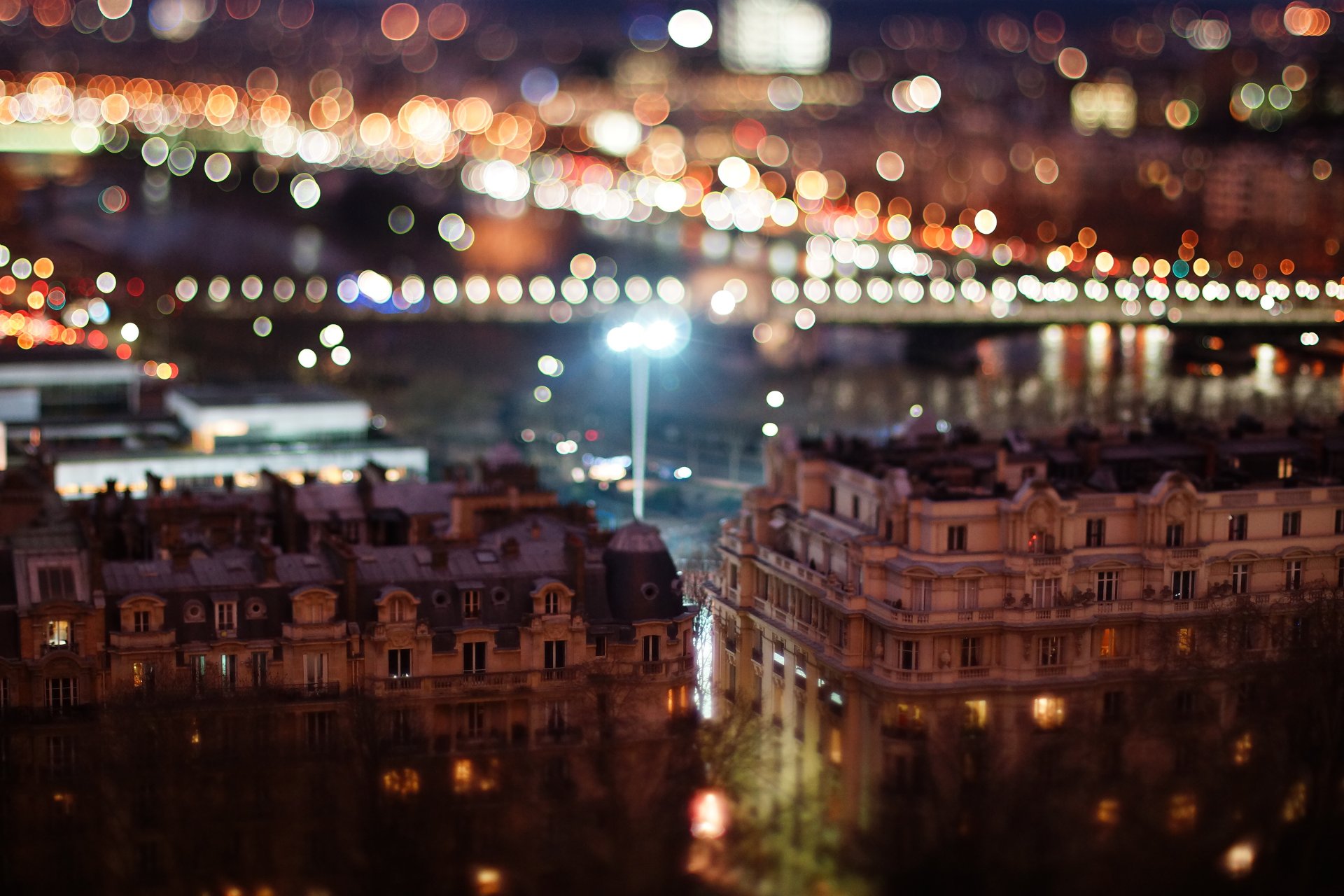 awning shift bokeh tilt shift night city lights buildings house