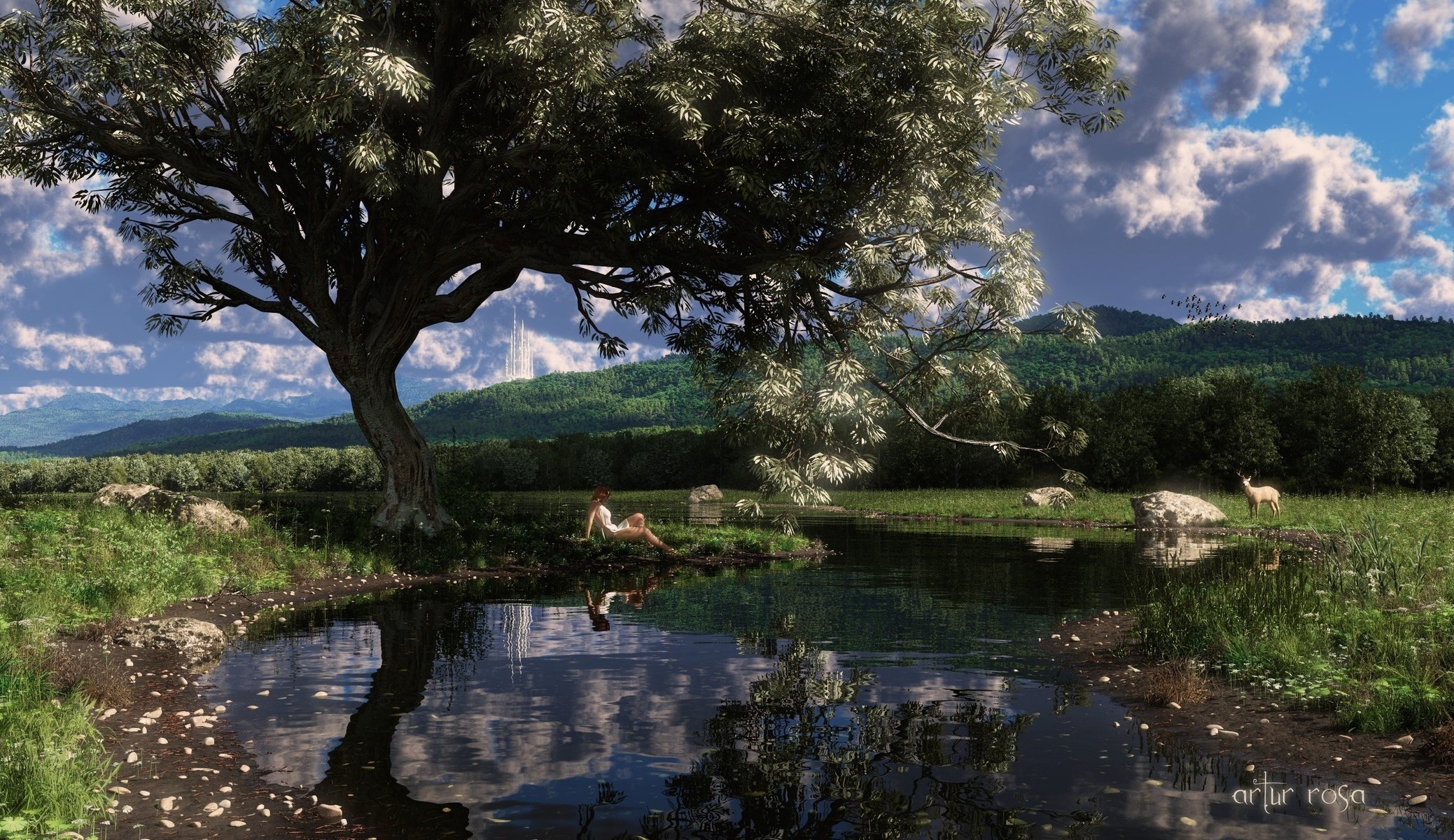 lago agua gama ciervo niña árbol estanque arte