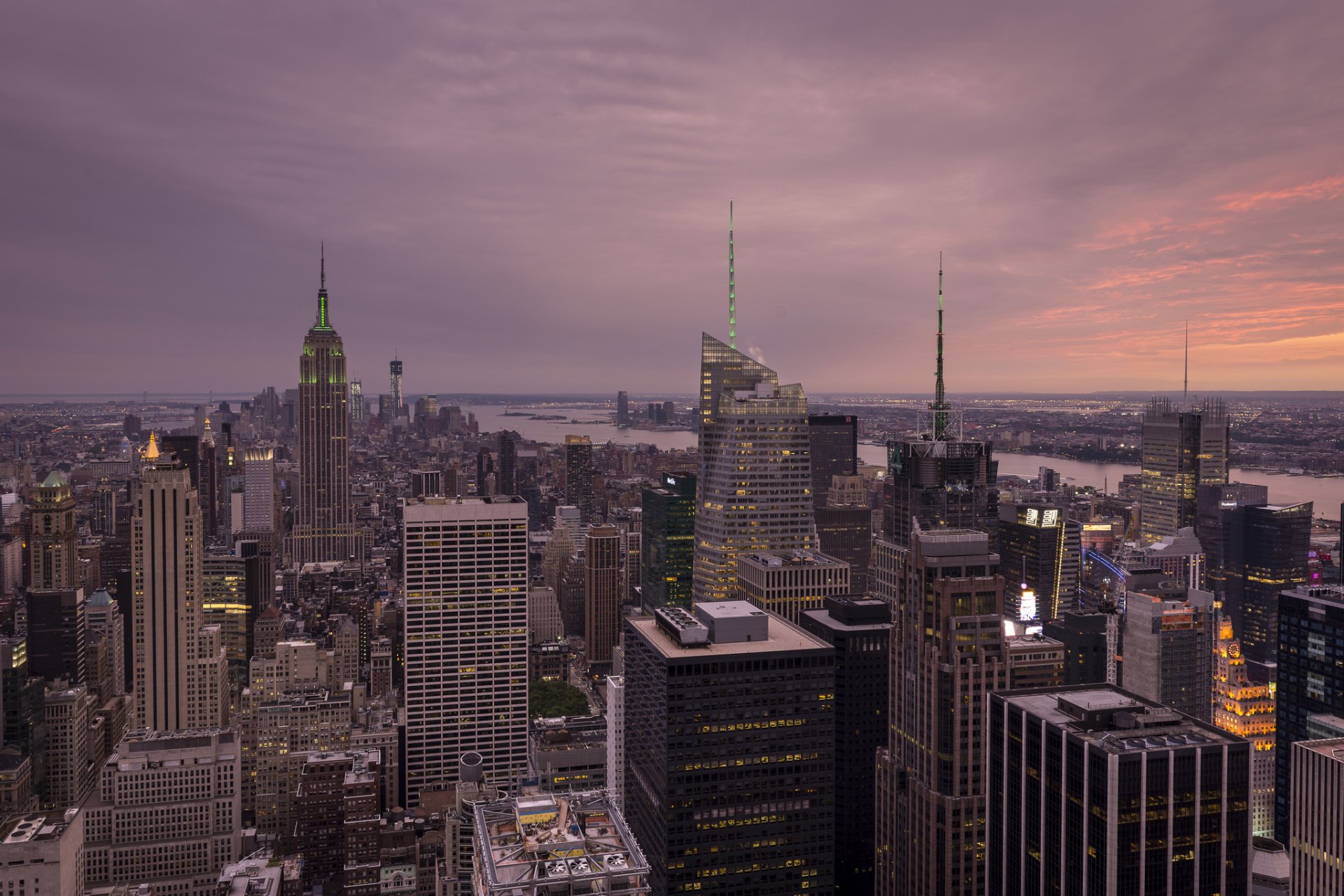 new york city skyscrapers river twilight