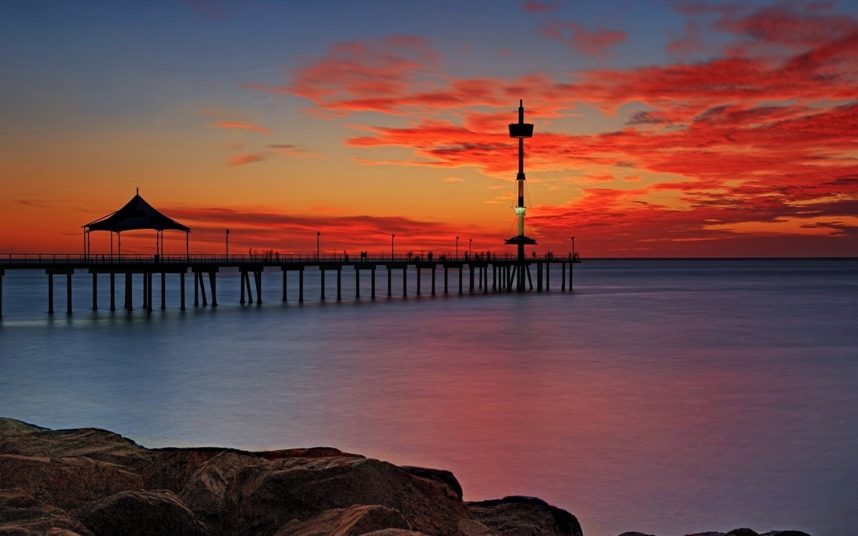 paysage mer pont coucher de soleil