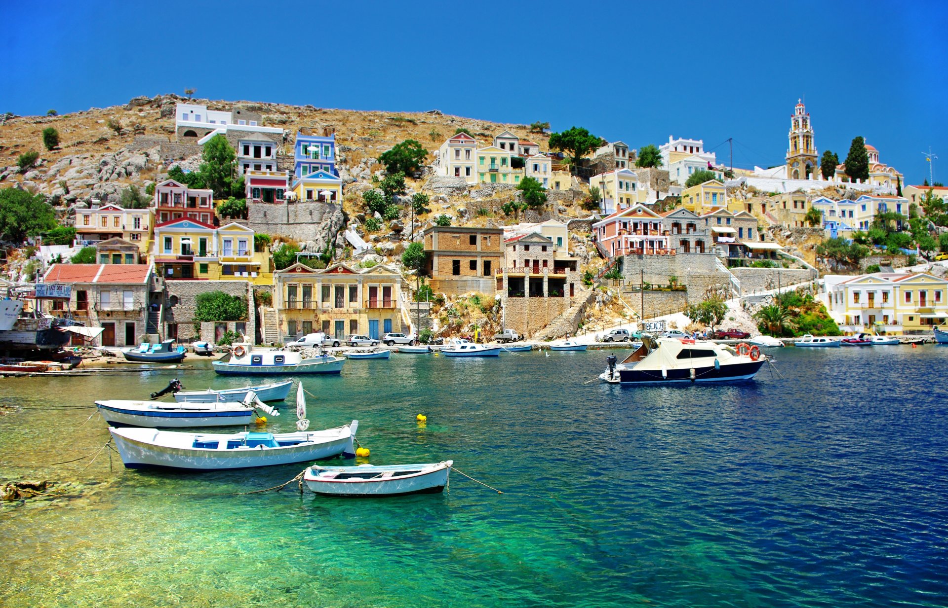 grèce mer côte bateaux maisons