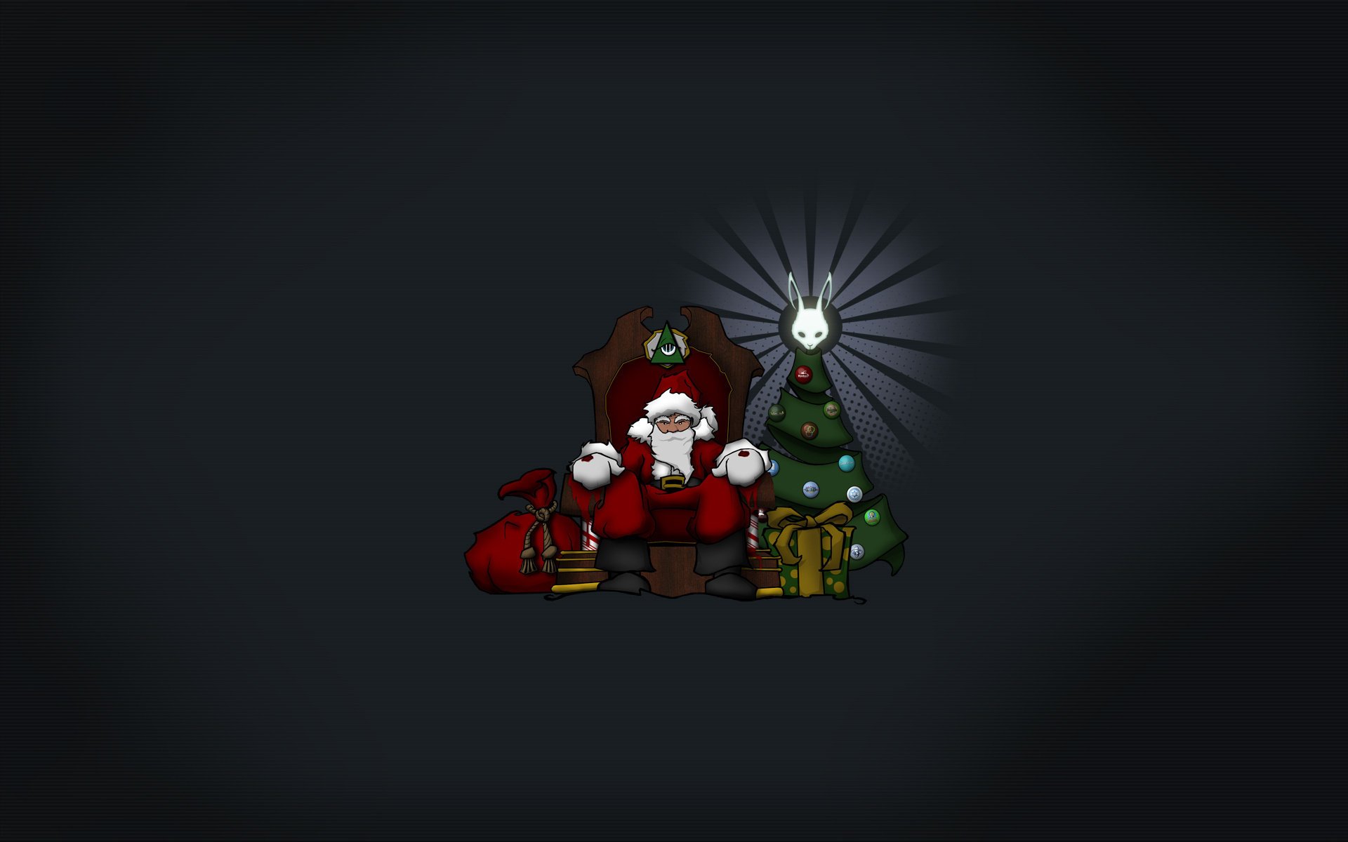 santa minimalismo sentado junto al árbol de navidad fondo oscuro